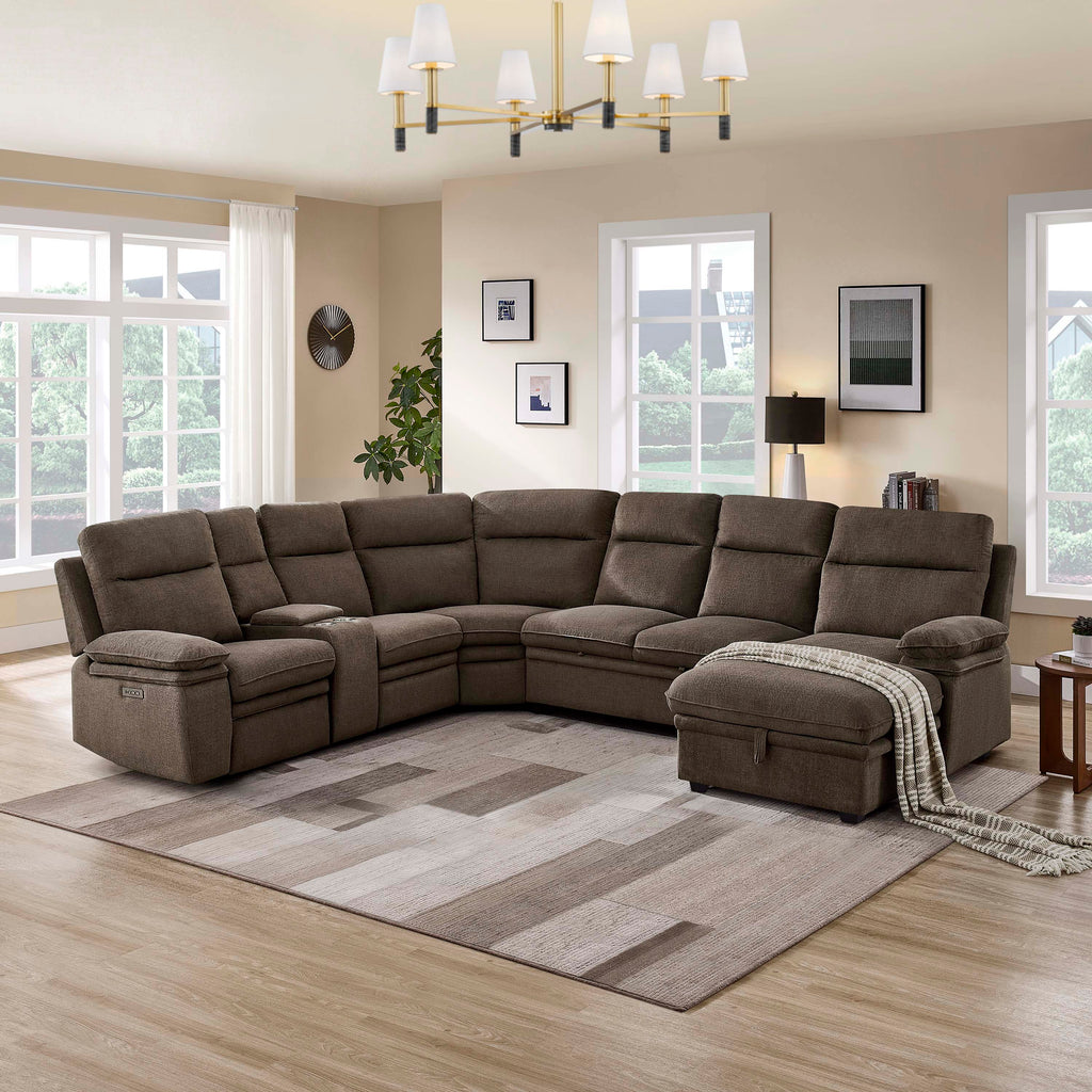 3-Piece Dark Brown Chenille Fabric Power Recliner Sectional Sofa with Sleeper, Storage Chaise & Console – 8318