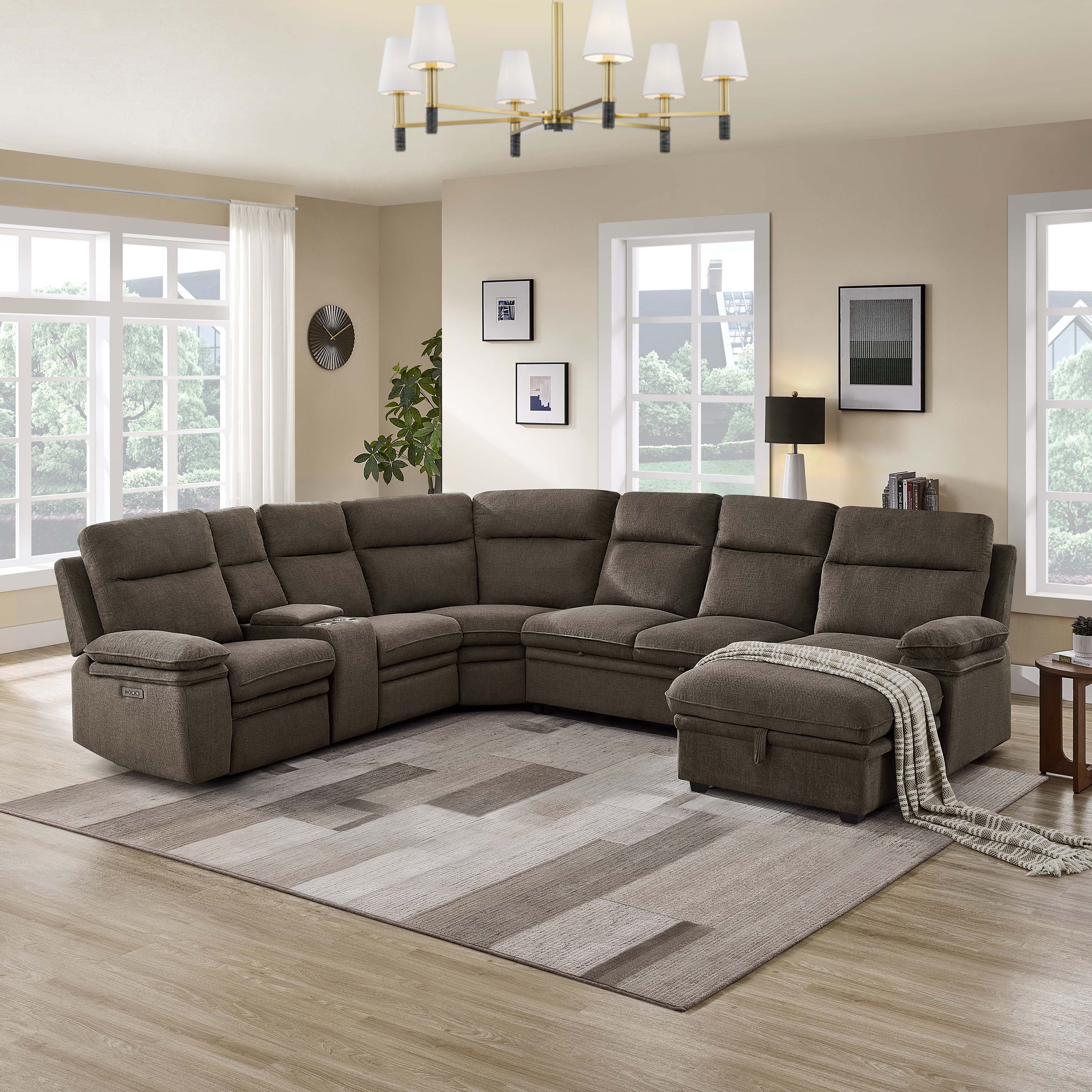 3-Piece Dark Brown Chenille Fabric Power Recliner Sectional Sofa with Sleeper, Storage Chaise & Console – 8318