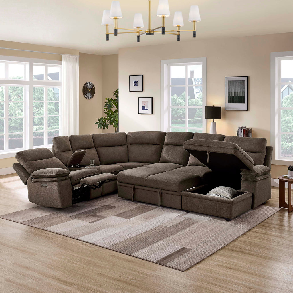 3-Piece Dark Brown Chenille Fabric Power Recliner Sectional Sofa with Sleeper, Storage Chaise & Console – 8318