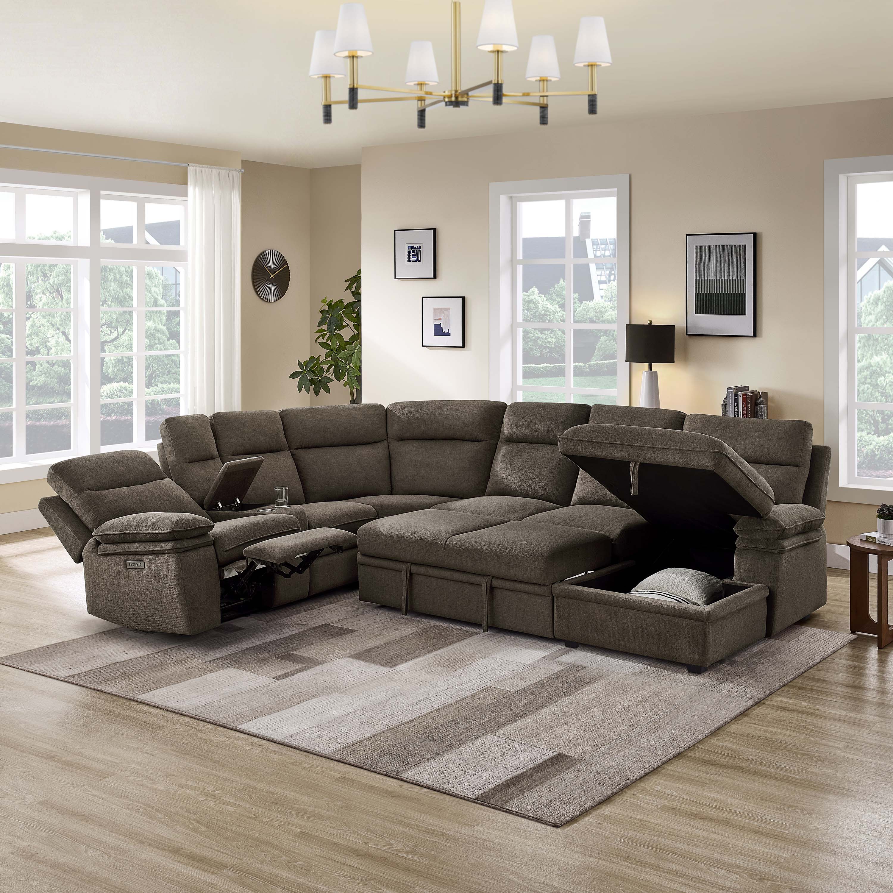 3-Piece Dark Brown Chenille Fabric Power Recliner Sectional Sofa with Sleeper, Storage Chaise & Console – 8318