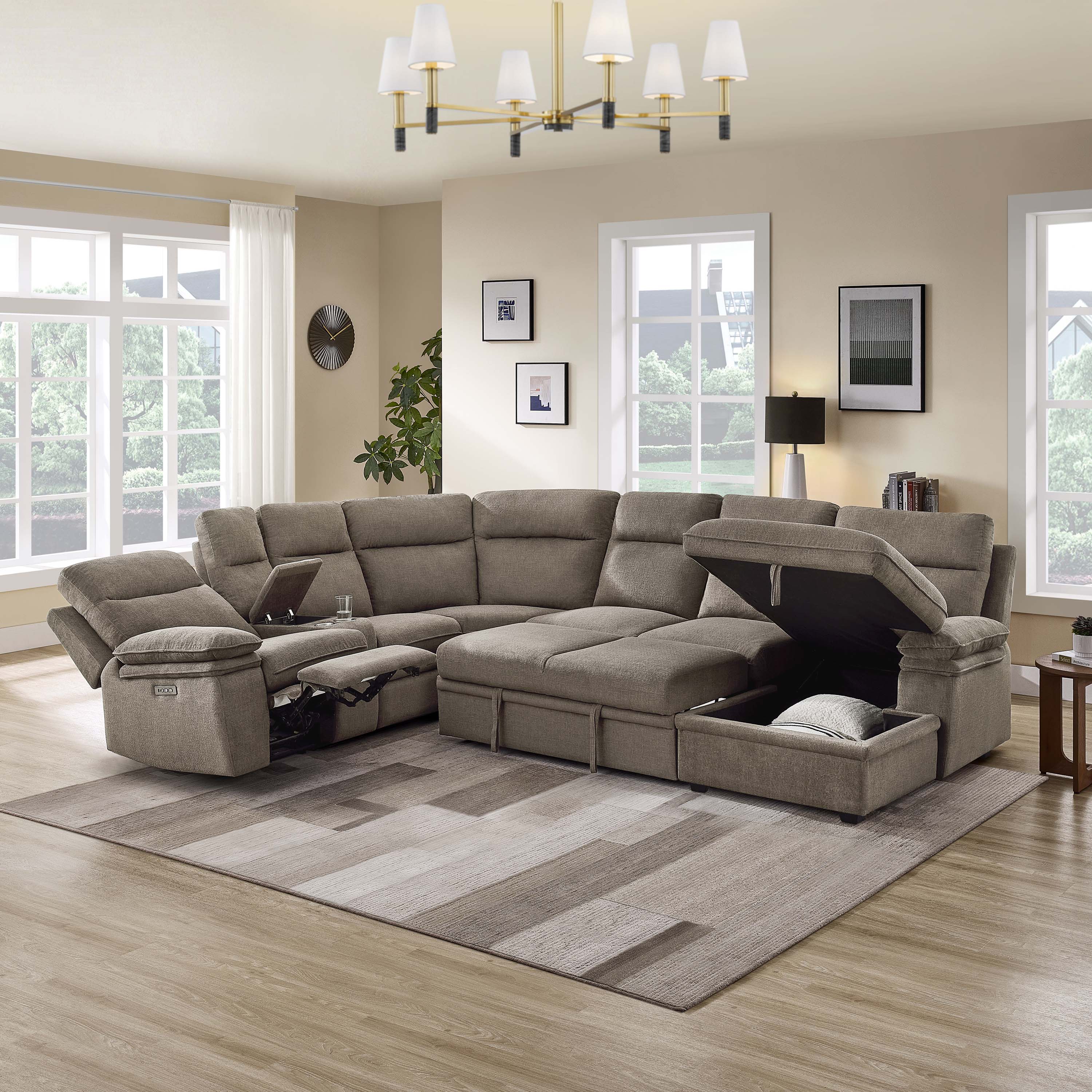 3-Piece Taupe Chenille Fabric Power Recliner Sectional Sofa with Sleeper, Storage Chaise & Console – 8319