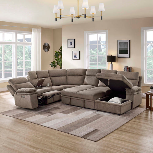 3-Piece Taupe Chenille Fabric Power Recliner Sectional Sofa with Sleeper, Storage Chaise & Console – 8319