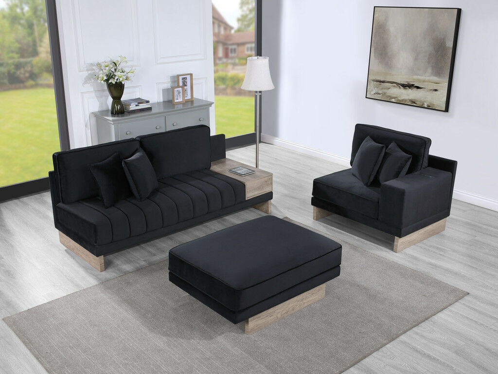 83200 3 pc Memphis black velvet fabric 122.5" modular sectional sofa with USB and charging ports with storage