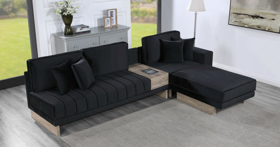 83200 3 pc Memphis black velvet fabric 122.5" modular sectional sofa with USB and charging ports with storage