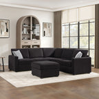Black Chenille L-Shaped Sectional Sofa with Ottoman and Square Arms – 8328