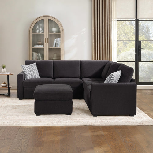 Black Chenille L-Shaped Sectional Sofa with Ottoman and Square Arms – 8328