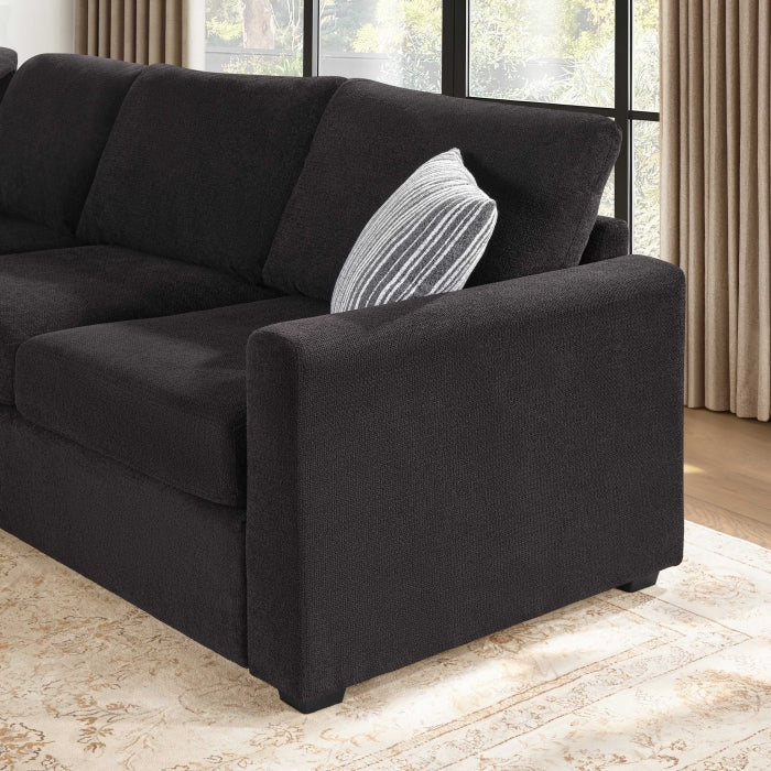 Black Chenille L-Shaped Sectional Sofa with Ottoman and Square Arms – 8328