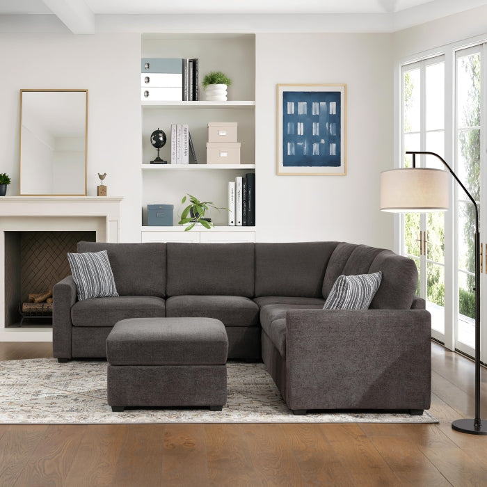 Dark Grey Chenille L-Shaped Sectional Sofa with Ottoman and Square Arms – 8329