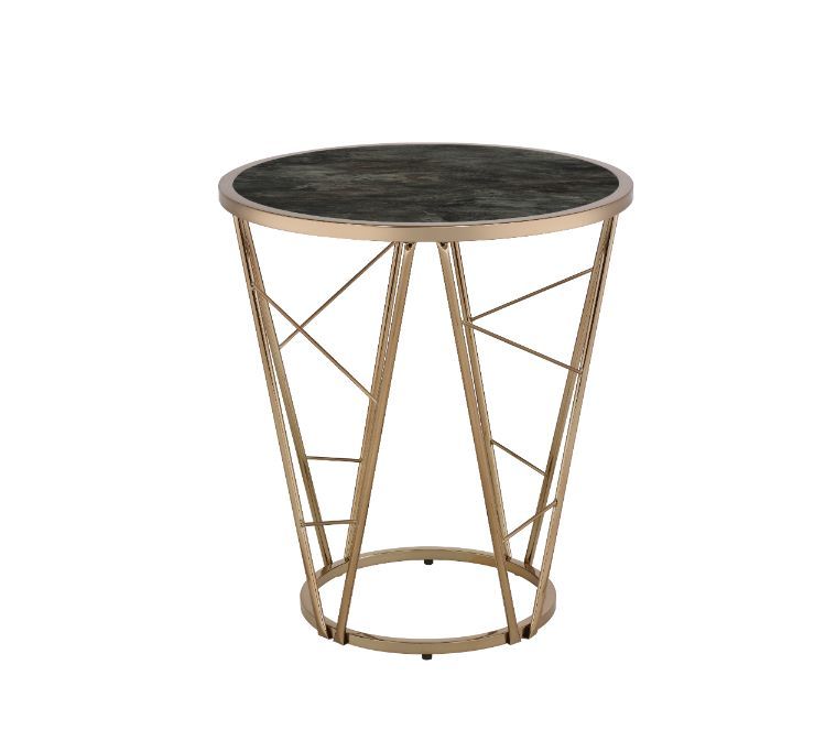 Acme 83302 Mercer 41 wiley Cicatrix black faux marble top with champagne finish 22" round end table