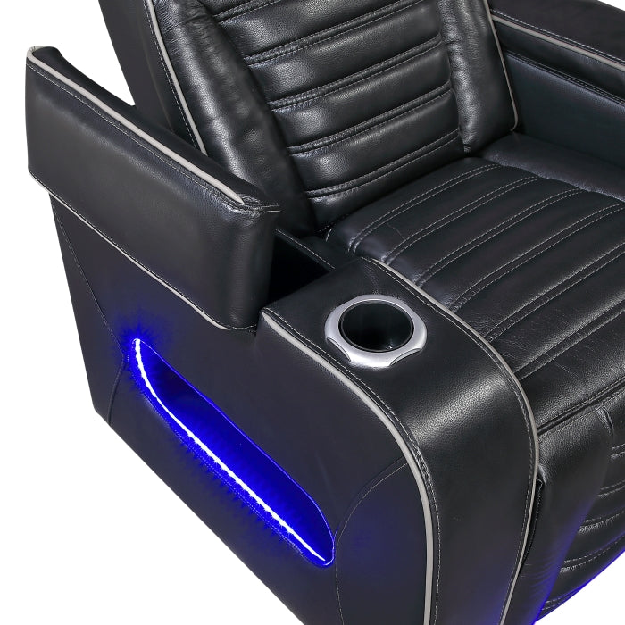 Cyber 2-Piece Power Motion Sofa & Loveseat Set – Black Top Grain Leather with Massage, Heat & Bluetooth – 8344BLK-2PWHM
