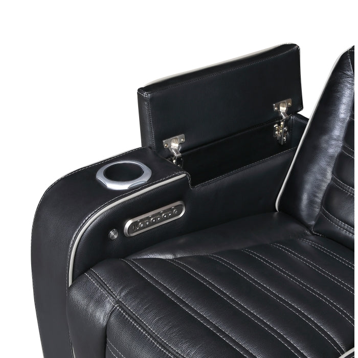 Cyber 2-Piece Power Motion Sofa & Loveseat Set – Black Top Grain Leather with Massage, Heat & Bluetooth – 8344BLK-2PWHM