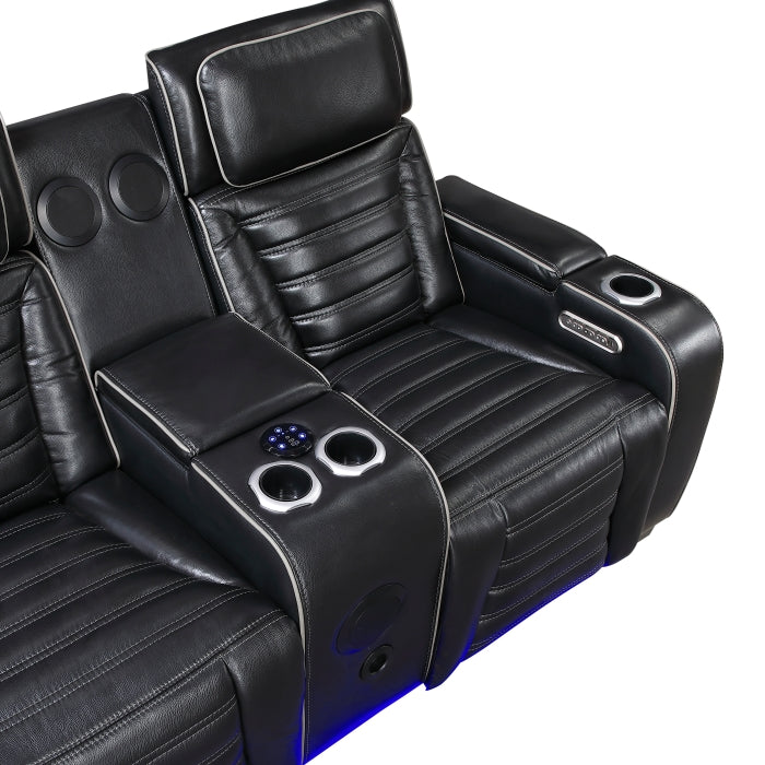 Cyber 2-Piece Power Motion Sofa & Loveseat Set – Black Top Grain Leather with Massage, Heat & Bluetooth – 8344BLK-2PWHM
