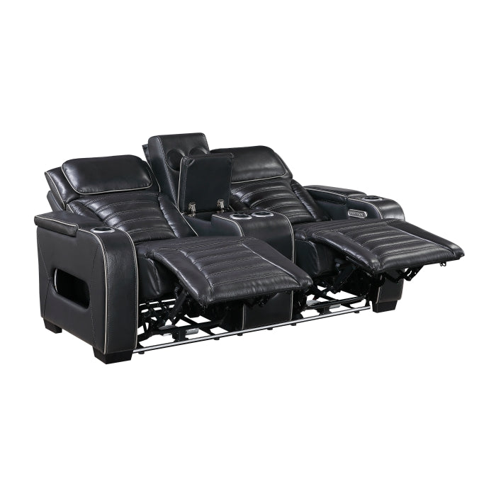 Cyber 2-Piece Power Motion Sofa & Loveseat Set – Black Top Grain Leather with Massage, Heat & Bluetooth – 8344BLK-2PWHM