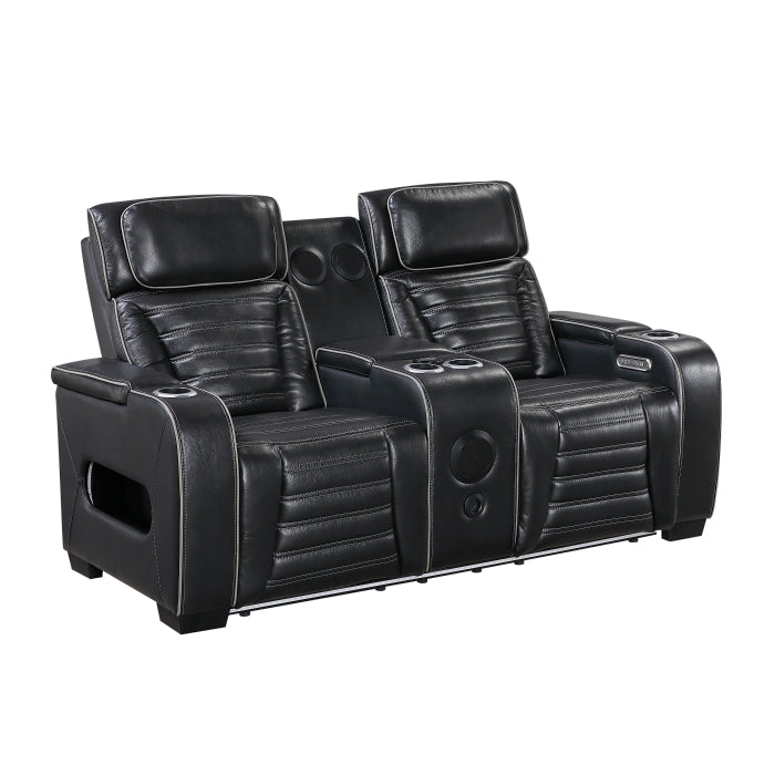 Cyber 2-Piece Power Motion Sofa & Loveseat Set – Black Top Grain Leather with Massage, Heat & Bluetooth – 8344BLK-2PWHM