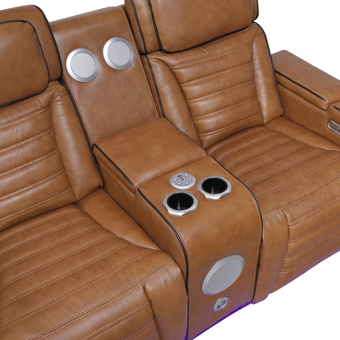 Cyber 2-Piece Power Motion Sofa & Loveseat Set – Brown Top Grain Leather with Massage, Heat & Bluetooth – 8344BRW-2PWHM