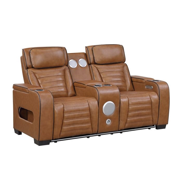 Cyber 2-Piece Power Motion Sofa & Loveseat Set – Brown Top Grain Leather with Massage, Heat & Bluetooth – 8344BRW-2PWHM