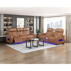 Cyber 2-Piece Power Motion Sofa & Loveseat Set – Brown Top Grain Leather with Massage, Heat & Bluetooth – 8344BRW-2PWHM