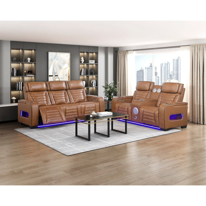 Homelegance 8344BRW-2PWHM 2 pc Cyber brown top grain leather power motion sofa and love seat set recliner ends wall hugger