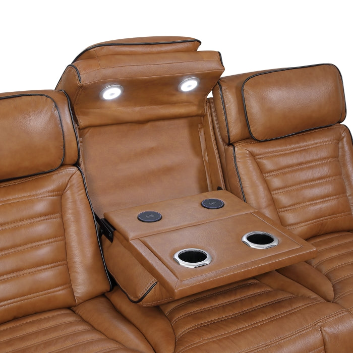 Cyber 2-Piece Power Motion Sofa & Loveseat Set – Brown Top Grain Leather with Massage, Heat & Bluetooth – 8344BRW-2PWHM