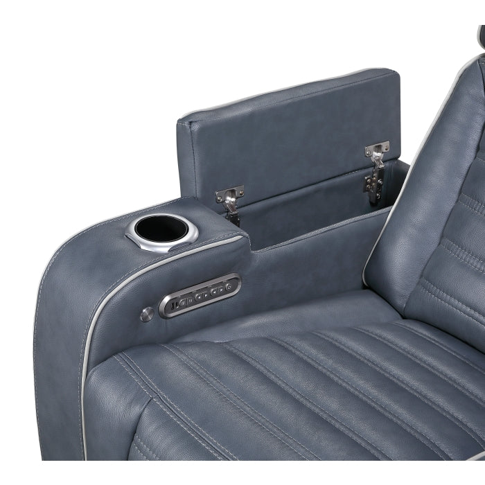 Cyber 2-Piece Power Motion Sofa & Loveseat Set – Blue Top Grain Leather with Massage, Heat & Bluetooth – 8344BUE-2PWHM