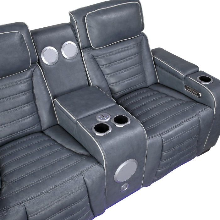 Cyber 2-Piece Power Motion Sofa & Loveseat Set – Blue Top Grain Leather with Massage, Heat & Bluetooth – 8344BUE-2PWHM