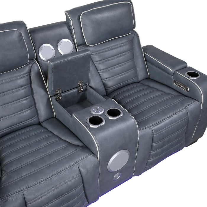 Cyber 2-Piece Power Motion Sofa & Loveseat Set – Blue Top Grain Leather with Massage, Heat & Bluetooth – 8344BUE-2PWHM