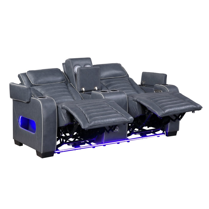 Cyber 2-Piece Power Motion Sofa & Loveseat Set – Blue Top Grain Leather with Massage, Heat & Bluetooth – 8344BUE-2PWHM