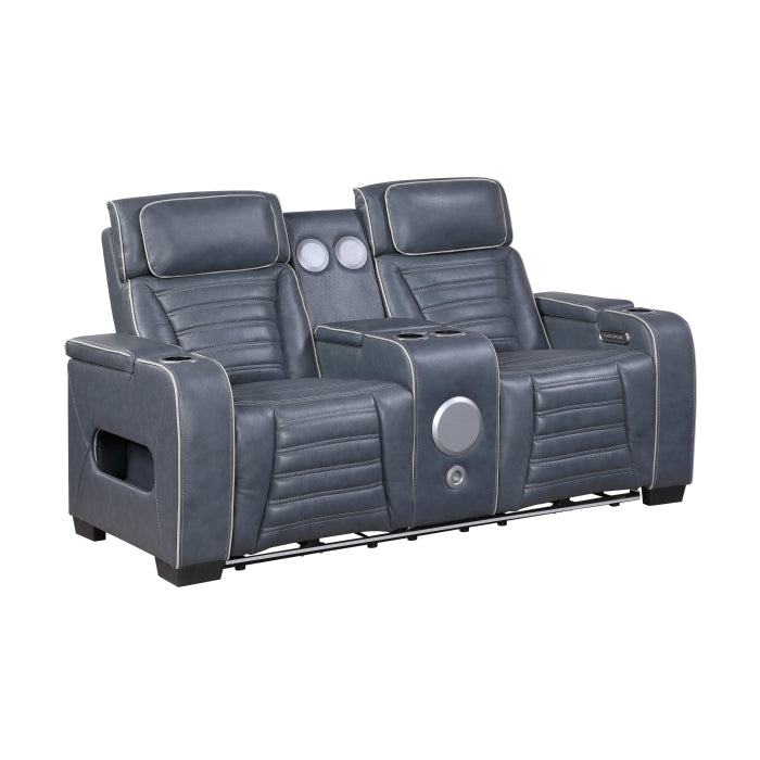 Cyber 2-Piece Power Motion Sofa & Loveseat Set – Blue Top Grain Leather with Massage, Heat & Bluetooth – 8344BUE-2PWHM
