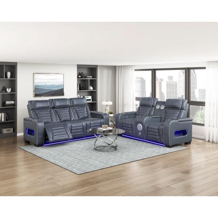 Homelegance 8344BUE-2PWHM 2 pc Cyber blue top grain leather power motion sofa and love seat set recliner ends wall hugger
