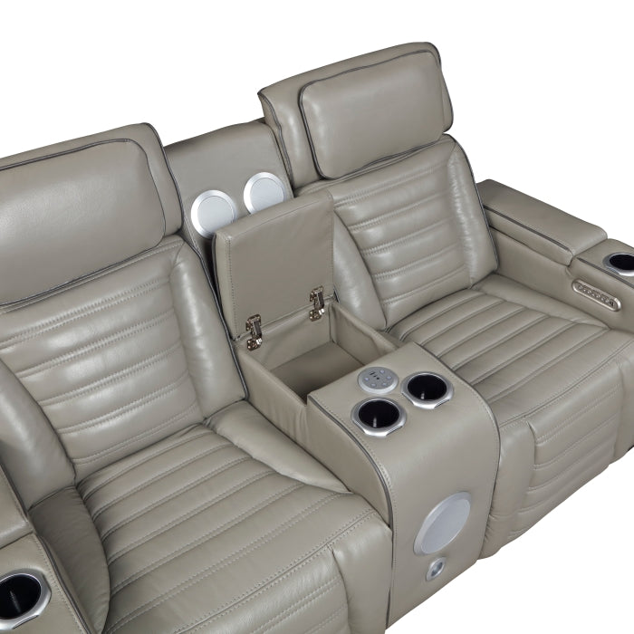 Cyber 2-Piece Power Motion Sofa & Loveseat Set – Grey Top Grain Leather with Massage, Heat & Bluetooth – 8344GRY-2PWHM