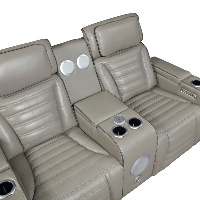 Cyber 2-Piece Power Motion Sofa & Loveseat Set – Grey Top Grain Leather with Massage, Heat & Bluetooth – 8344GRY-2PWHM