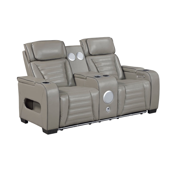 Cyber 2-Piece Power Motion Sofa & Loveseat Set – Grey Top Grain Leather with Massage, Heat & Bluetooth – 8344GRY-2PWHM