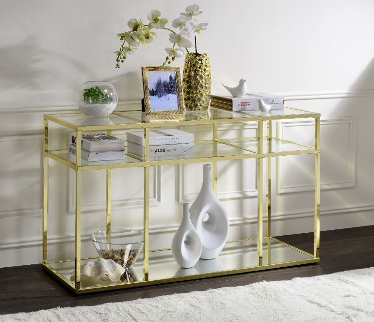 Acme 83473 Everly quinn gold finish metal frame multi level sofa entry hall console table with glass top