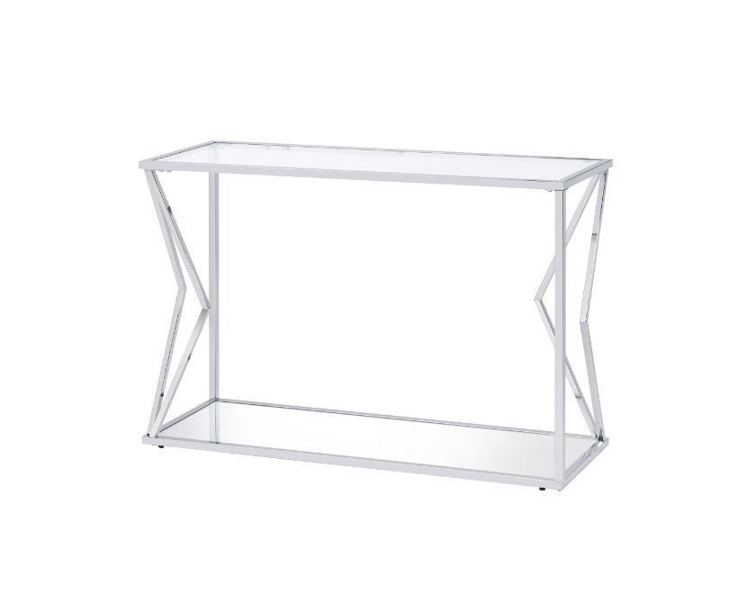 Acme 83484 Everly quinn Virtue chrome finish metal angular look frame clear glass top mirrored bottom shelf sofa entry hall console table