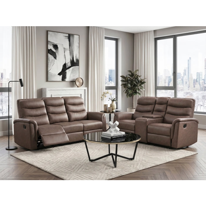 Homelegance 8360BRW-2PC 2 pc Metric brown polished microfiber motion sofa and love seat set recliner ends drop down tray table back