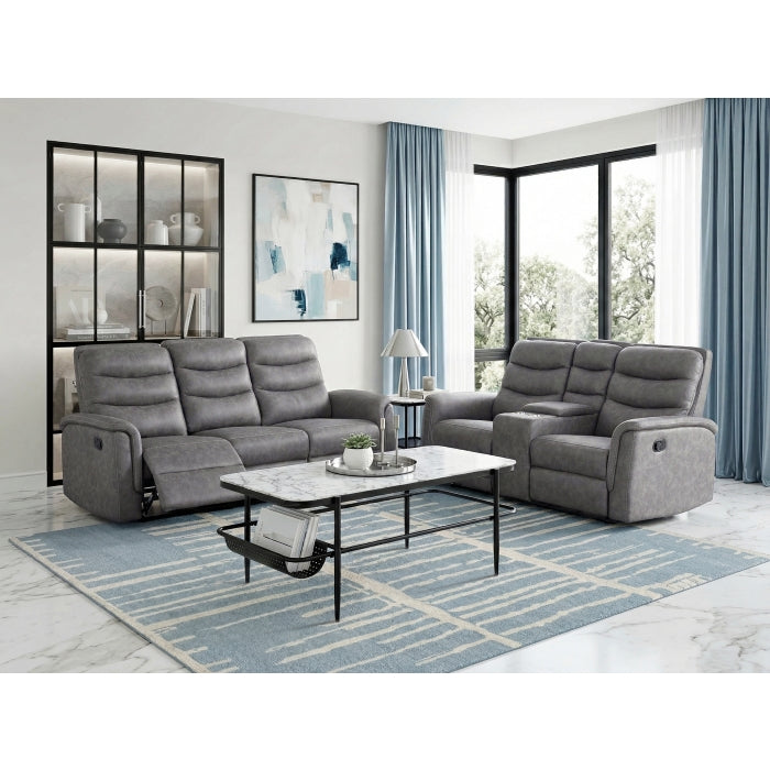 Homelegance 8360GRY-2PC 2 pc Metric grey polished microfiber motion sofa and love seat set recliner ends drop down tray table back