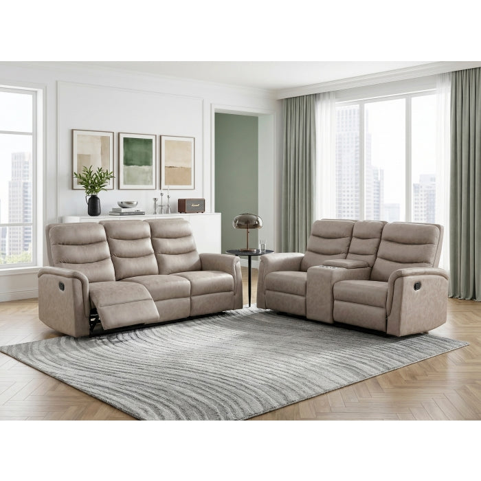 Homelegance 8360TPE-2PC 2 pc Metric taupe polished microfiber motion sofa and love seat set recliner ends drop down tray table back