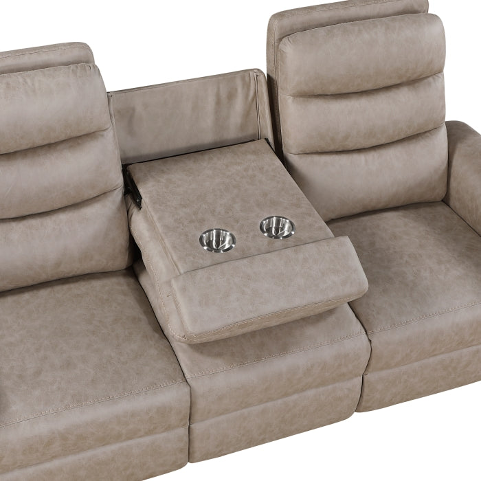 Homelegance 8360TPE-2PC 2 pc Metric taupe polished microfiber motion sofa and love seat set recliner ends drop down tray table back