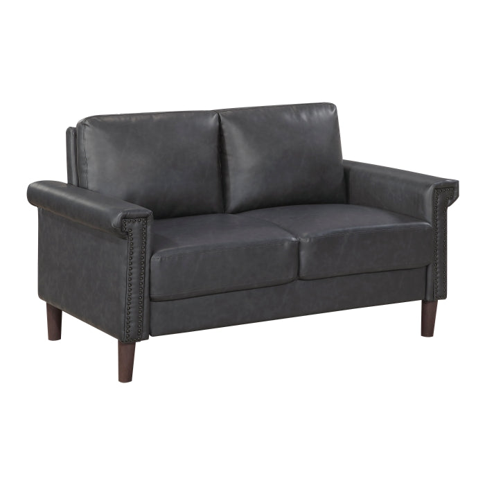 Homelegance 8389DGY-2PC 2 pc Heritage dark grey faux leather sofa and love seat set nail head trim