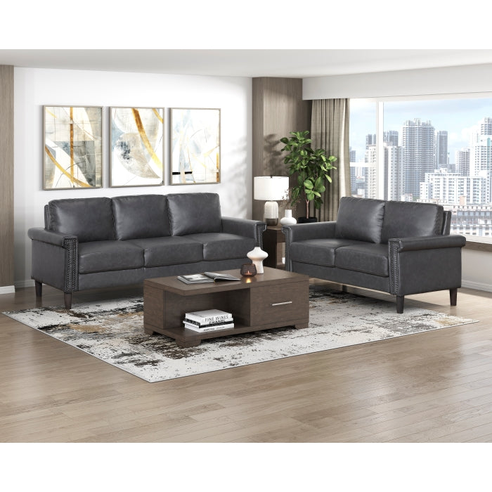 Homelegance 8389DGY-2PC 2 pc Heritage dark grey faux leather sofa and love seat set nail head trim
