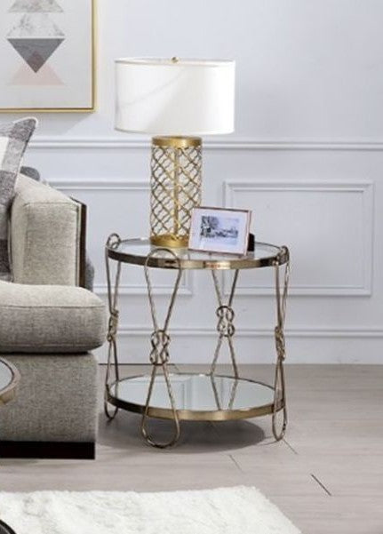 Acme 83942 Everly quinn Zekera champagne finish metal twisted knot look frame round mirrored end table