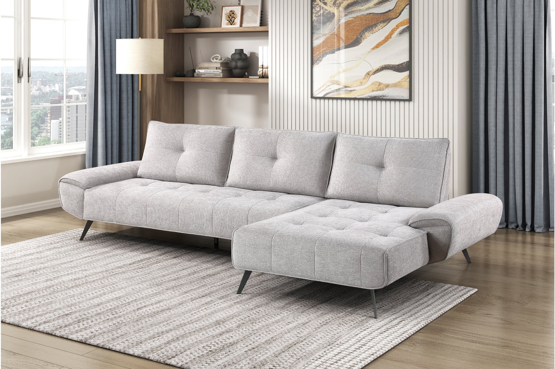 Homelegance 8400LTG-22LRC 2 pc Pleasure light grey chenille fabric sectional sofa set adjustable back rests