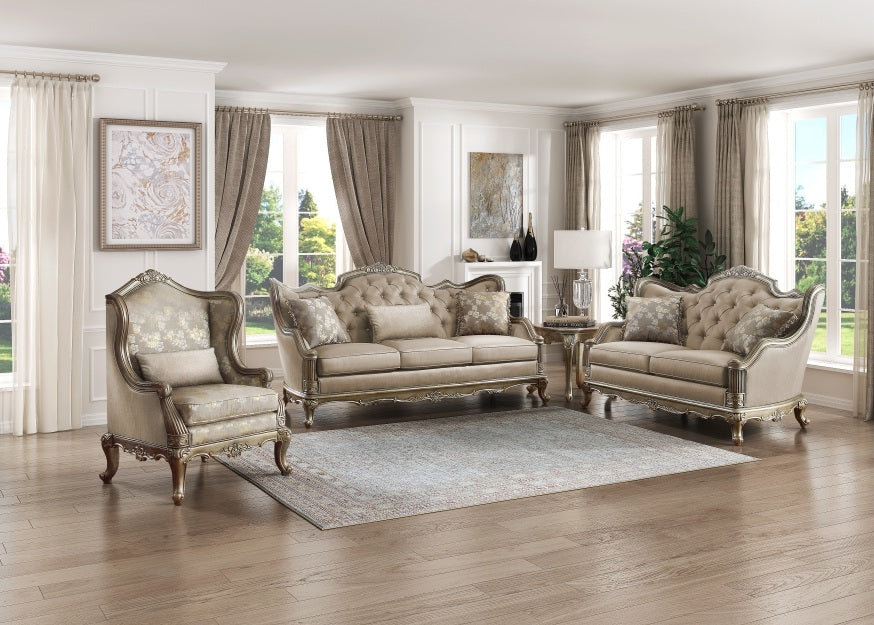 Homelegance 8412-SL 2 pc florentina dusky taupe faux silk fabric sofa and love seat set with wood trim
