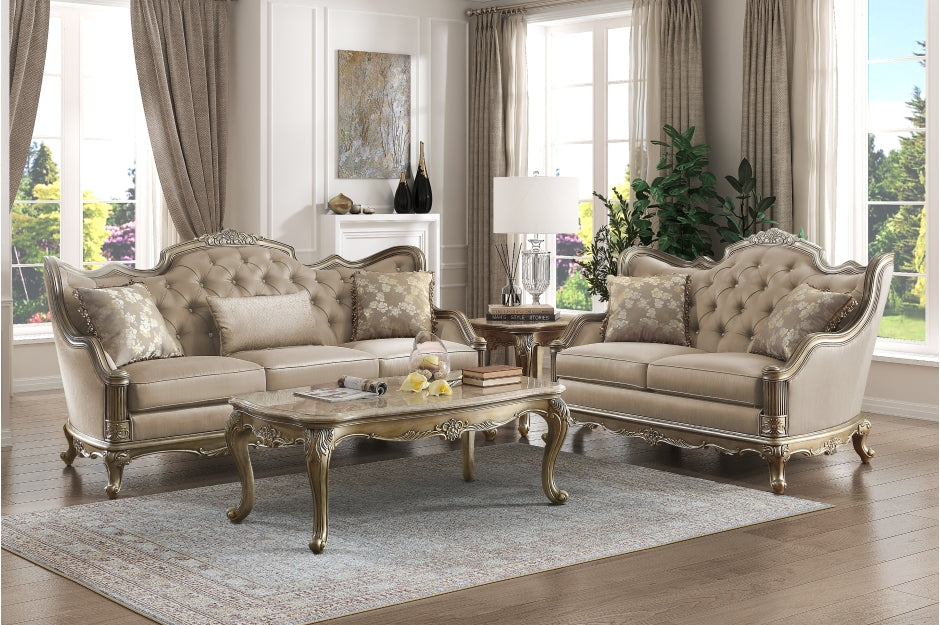 Homelegance 8412-SL 2 pc florentina dusky taupe faux silk fabric sofa and love seat set with wood trim