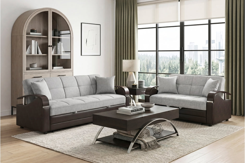 Hybrid Grey and Dark Brown Convertible Sofa Bed and Loveseat Bed Set – 8429-SL