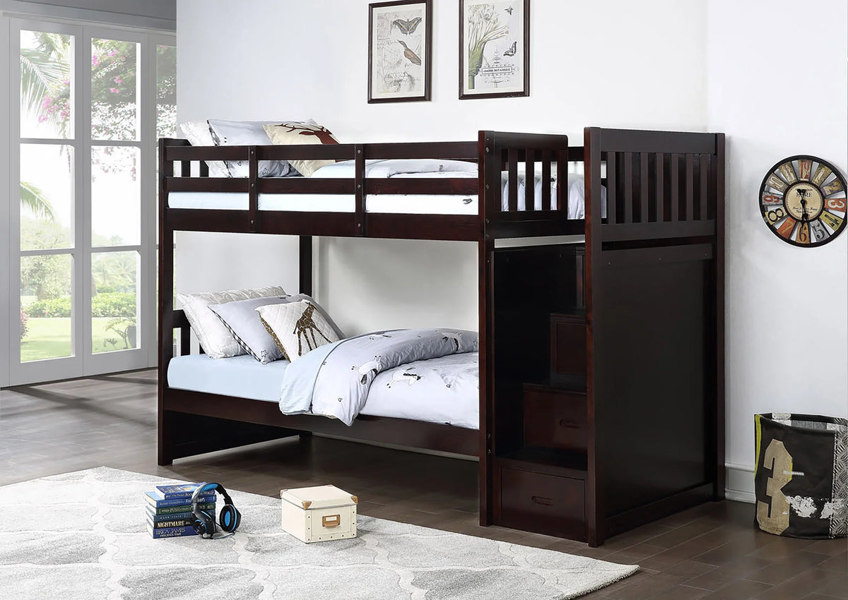 Mandaly Espresso Wood Twin over Twin Bunk Bed with Staircase & Drawers – 8435-ESP