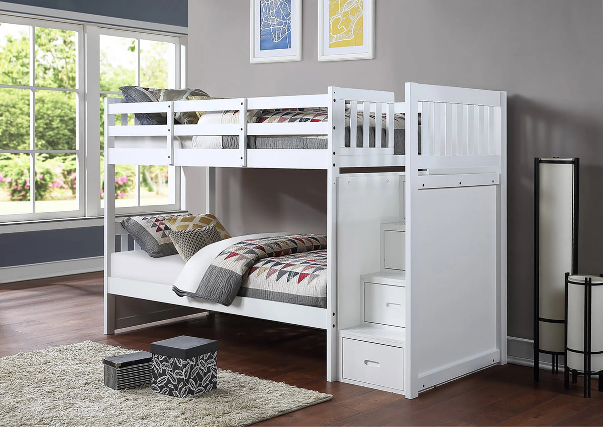 Mandaly White Wood Twin over Twin Bunk Bed with Staircase & Drawers – 8435-WH