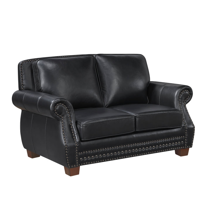 Homelegance 8448BLK-2PC 2 pc Remington black top grain leather match sofa and love seat set nail head trim accents