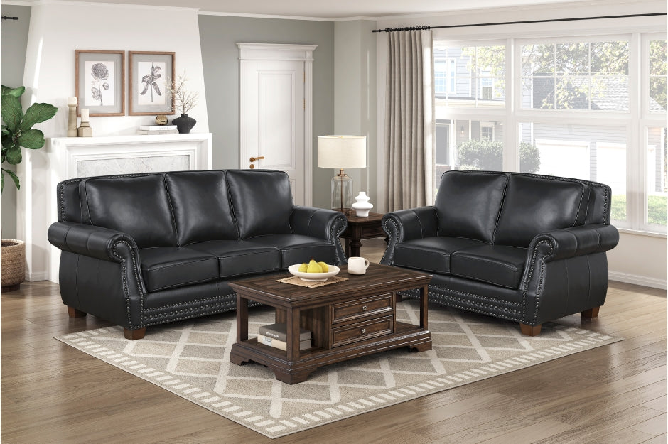 Homelegance 8448BLK-2PC 2 pc Remington black top grain leather match sofa and love seat set nail head trim accents
