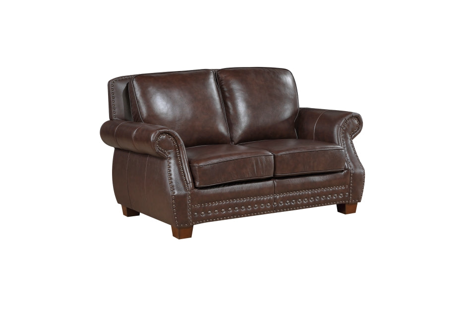 Homelegance 8448BRW-2PC 2 pc Remington brown top grain leather match sofa and love seat set nail head trim accents